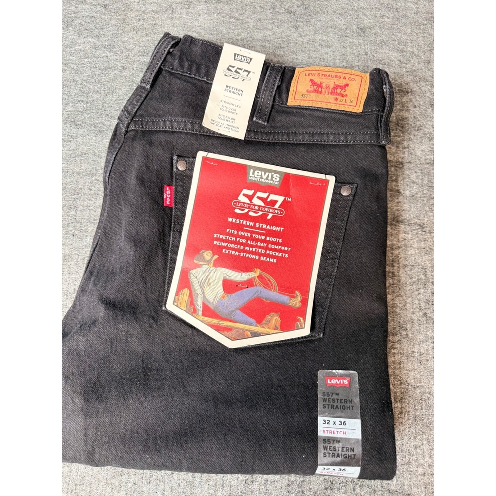Levis 557 Western Straight Jeans Mens 32x36 Black Stretch Cowboy Denim New